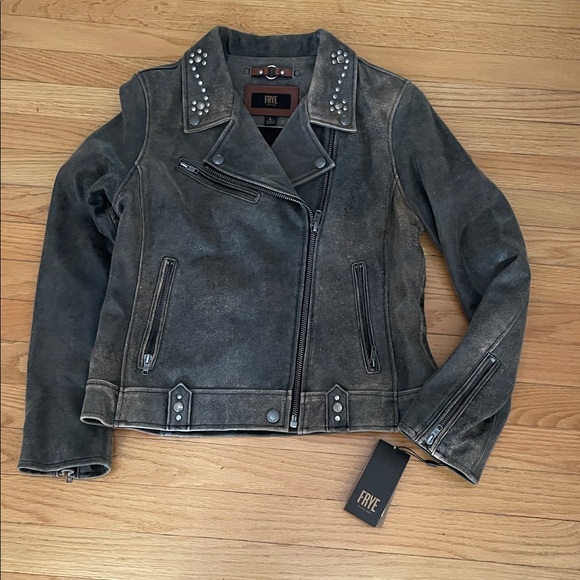 Frye Distressed Gray Leather Jacket with Studs - Picture 1 of 5